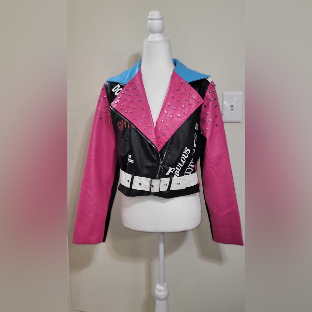 AZALEA WANG LUXURY ROCKER MOTORCYCLE JACKET PINK BLUE EMO SCENE Y2K GRUNGE